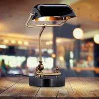 Lampă de bancher Relaxdays, abajur din sticlă, bază din lemn, lampă de birou reglabilă pentru bibliotecă, cu soclu E27, stil retro, negru 2
