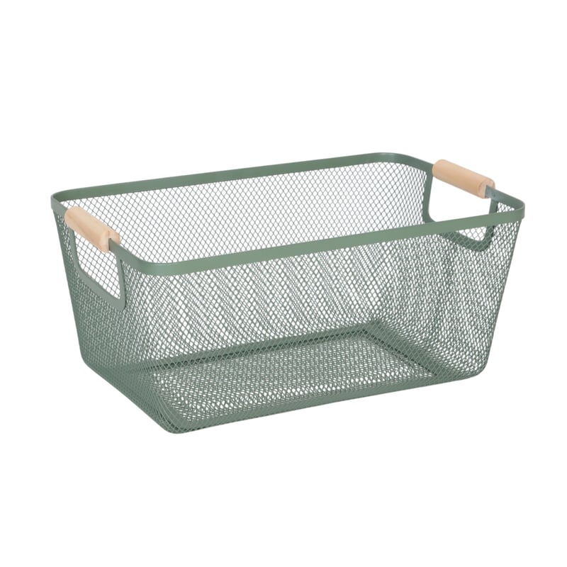 Coș din sârmă împletită Relaxdays cu mâner din lemn, deschis, capacitate 5 kg, verde mentă