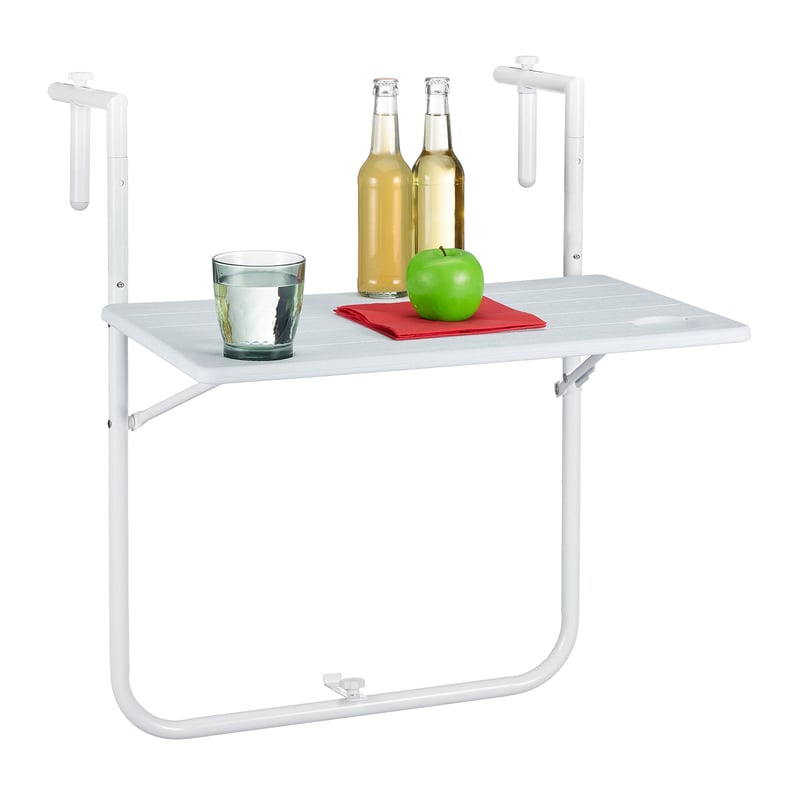 Masă suspendată pentru balcon Relaxdays, pliabilă, reglabilă pe 3 înălțimi, blat cu aspect de lemn, 59,5 x 35,5 cm, albă