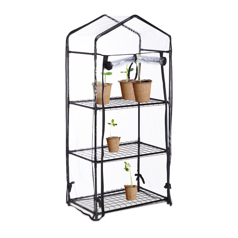 Relaxdays Balkonski staklenik s folijom, 3 razine, PVC folija, čelični okvir, 126 x 59 x 37 cm, crna/prozirna, staklenik za balkon