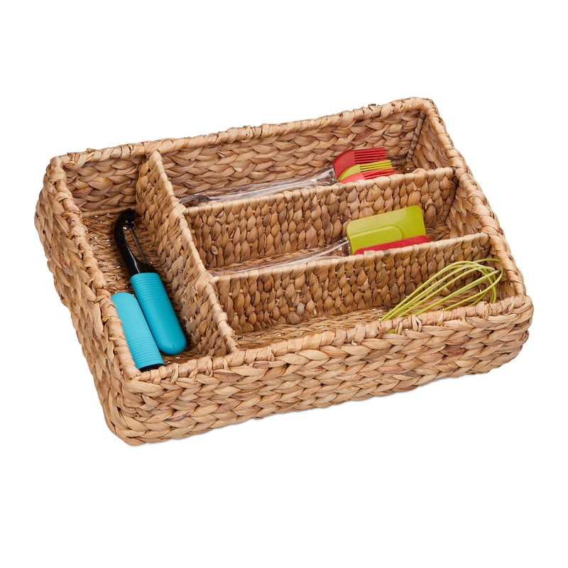 Organizér na príbory Relaxdays so 4 priehradkami, organizér do zásuvky, 10,5 x 42 x 29 cm, z vodného hyacintu, prírodný