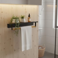 Relaxdays zidni držač za ručnike s policom, 9x45x8 cm, za kupaonicu i kuhinju, bambus i metal, crna/prirodna boja 2