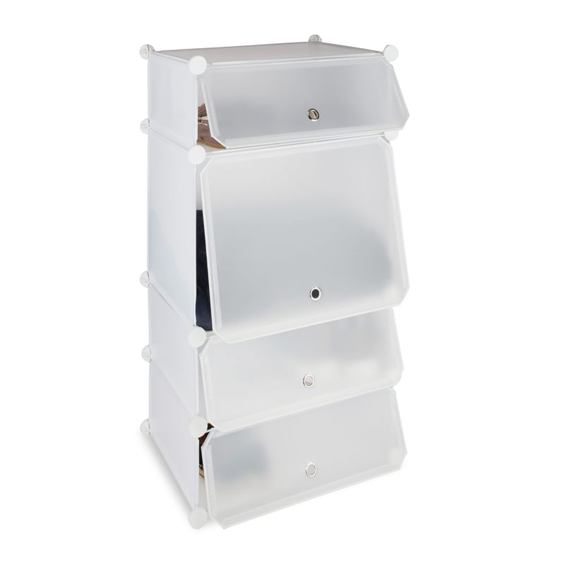 Relaxdays bijela plastična polica za cipele s 4 pretinca i vratima, za 8 pari cipela, modularni stalak, 91x49x36,5 cm