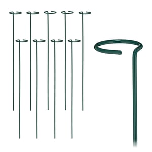 Relaxdays metalni potporanj za biljke s prstenom, set od 10 komada, 60 cm, tamnozeleni, vrtni kolac za rajčice, metalna šipka za potporu biljkama