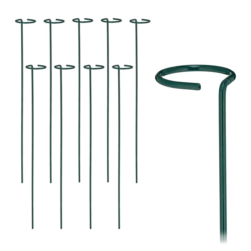 Relaxdays metalni potporanj za biljke s prstenom, set od 10 komada, 60 cm, tamnozeleni, vrtni kolac za rajčice, metalna šipka za potporu biljkama