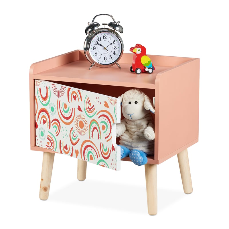 Detský nočný stolík Relaxdays s dvierkami, 41x40x30 cm, motív dúhy, drevo a MDF, s nožičkami, úložný priestor do detskej izby, farebný