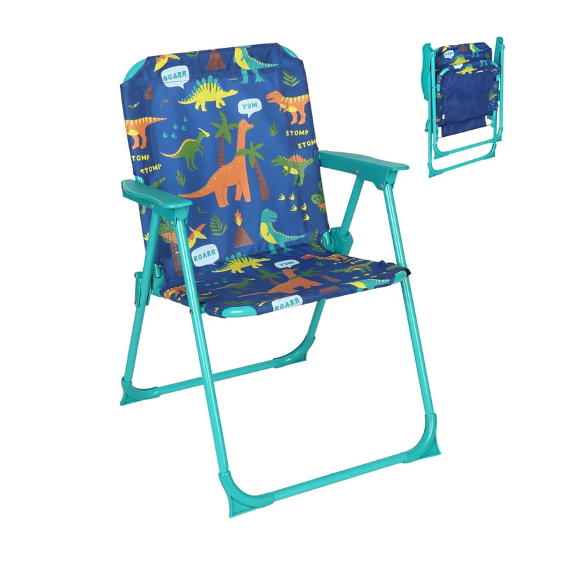 Detská kempingová stolička Relaxdays s motívom dinosaura, 51,5x36x37,5 cm, skladacia pikniková stolička na vonkajšie použitie, farebná