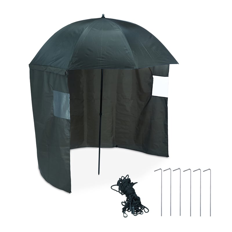 Umbrelă de pescuit Relaxdays cu perete lateral, impermeabilă, mecanism de înclinare, țăruși și geantă, umbrelă-cort pentru pescuit, verde