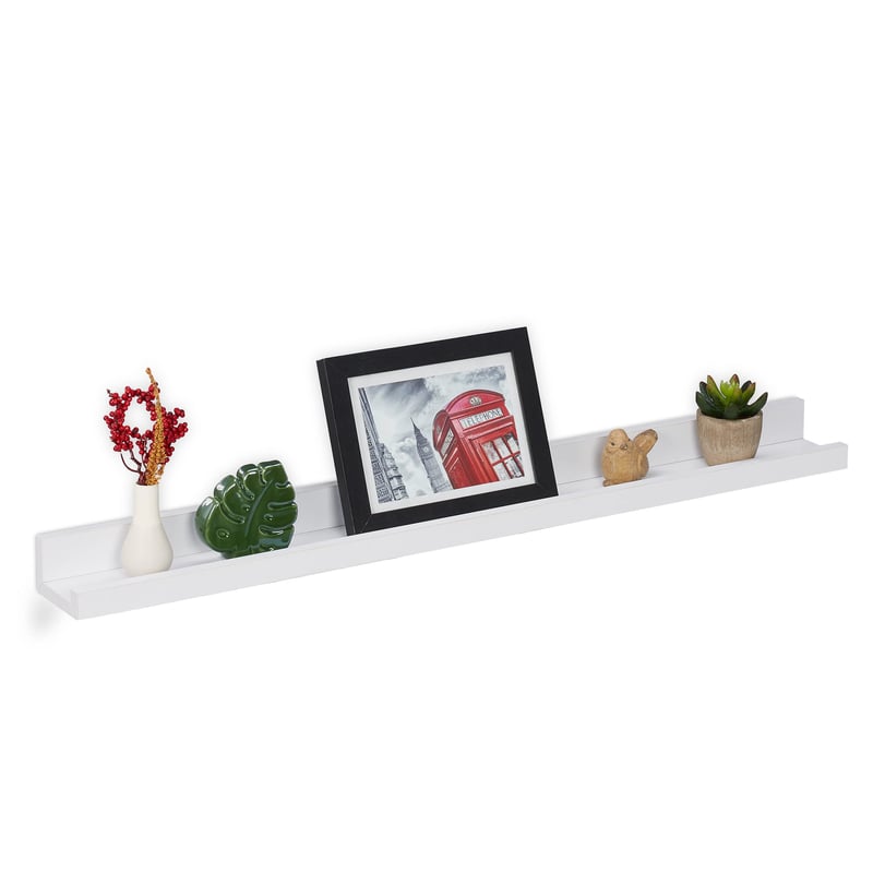 Relaxdays polica na obrazy, šírka 80 cm, úzka nástenná polica na fotorámiky, knihy a dekorácie, MDF, biela