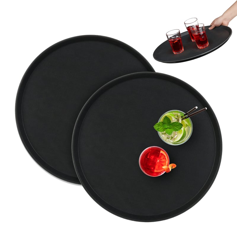 Relaxdays okrúhly servírovací podnos 2 ks, Ø 45 cm, protišmykový povrch, čašnícky podnos do gastronómie, čierny