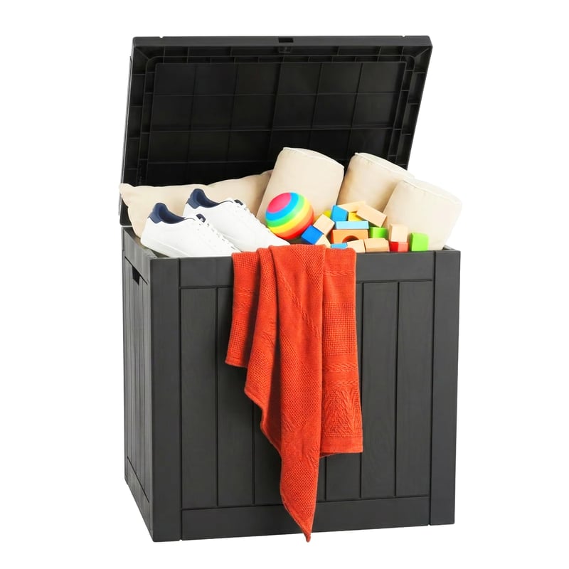 Záhradný úložný box Relaxdays s vankúšom na sedenie a odkladacím priestorom na náradie, 53x56x43 cm, 118 l, odolný voči poveternostným vplyvom, odolný voči UV žiareniu, čierny