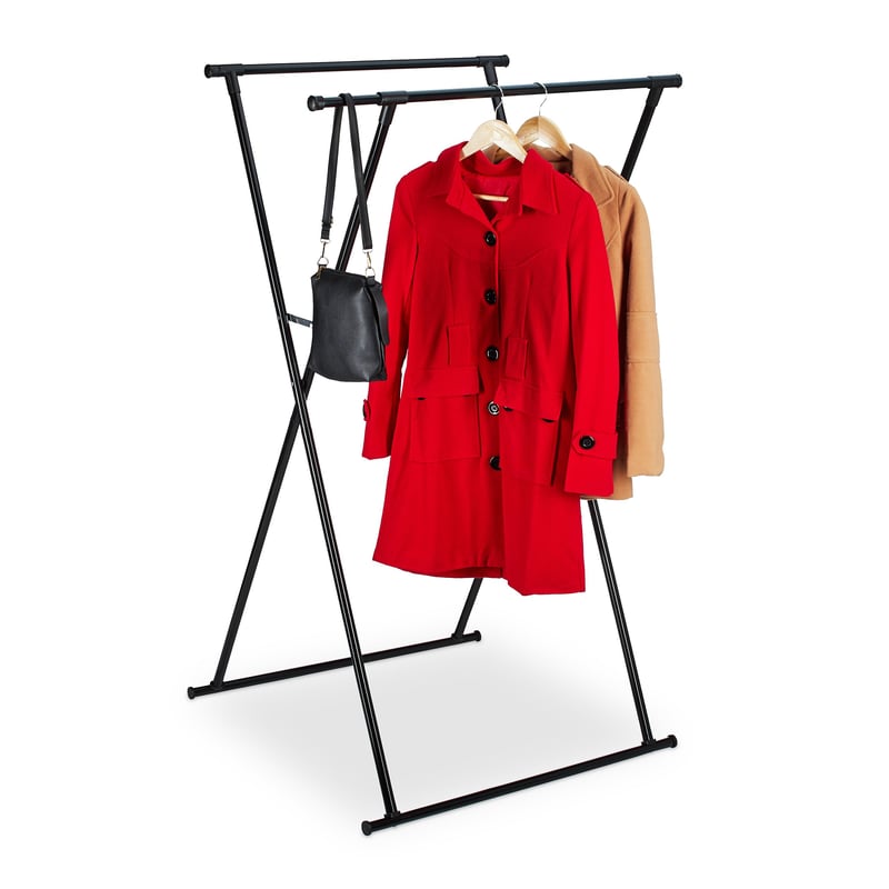 Relaxdays Stand pentru haine extensibil, 139x135x95 cm, 2 bare pentru umerașe, suport metalic pliabil, hol, negru