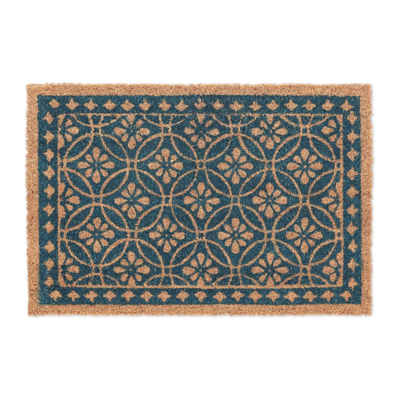 Relaxdays Rohožka z kokosových vlákien s kvetinovým vzorom, gumová kokosová rohož do interiéru aj exteriéru 60x40 cm, modrá/prírodná