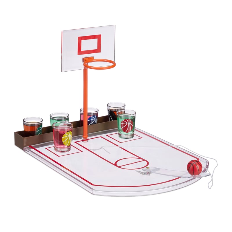 Relaxdays Alkoholová spoločenská hra s basketbalovým košom, 6 pohárikov na shoty, kôš a loptička, na párty, 22,5 x 24 x 44 cm, priehľadná