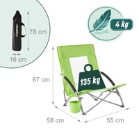 Skladacie vonkajšie plážové kreslo Relaxdays s držiakom na nápoje a prenosnou taškou, nosnosť 135 kg, sieťovaný zelený polyester, kovový rám 2