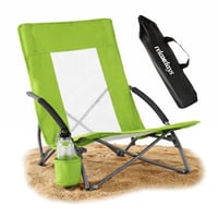 Skladacie vonkajšie plážové kreslo Relaxdays s držiakom na nápoje a prenosnou taškou, nosnosť 135 kg, sieťovaný zelený polyester, kovový rám 1