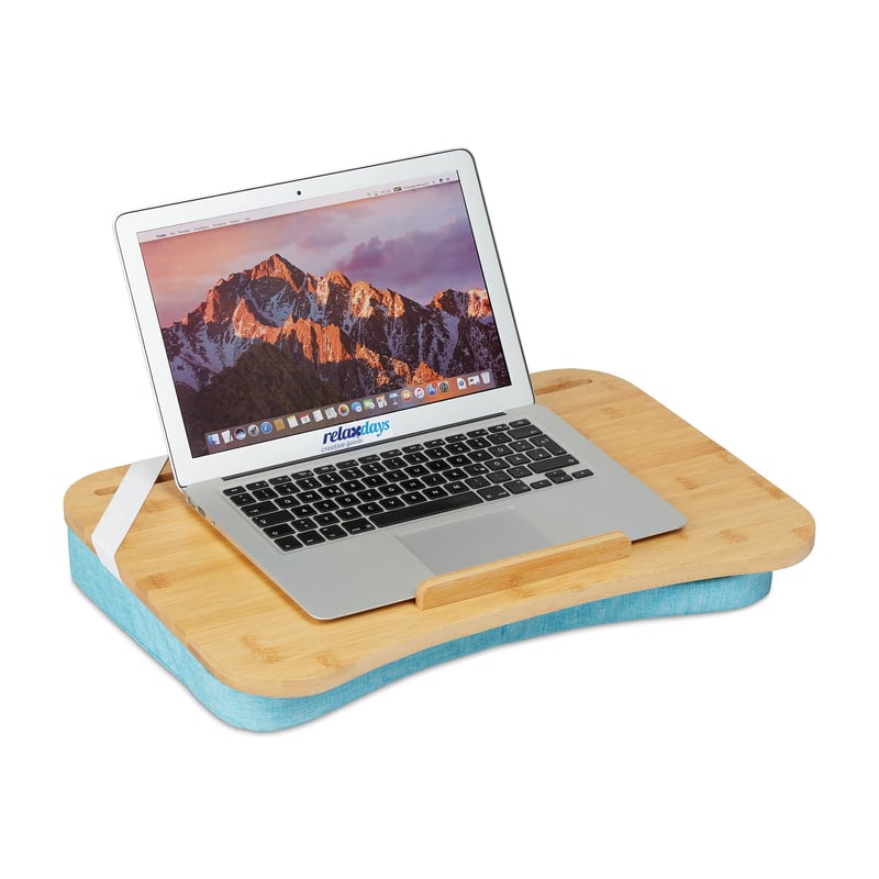 Relaxdays podložka pod notebook z bambusu, s pamäťovou penou, protišmyková, s rukoväťou, 51 x 36 cm, podnos do postele a na gauč, prírodná/modrá