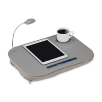 Relaxdays Laptop Párna LED Lámpával, Pohártartóval, Hordozható Öltámlás Laptoptálca, Puha Ölpárna, Szürke 1