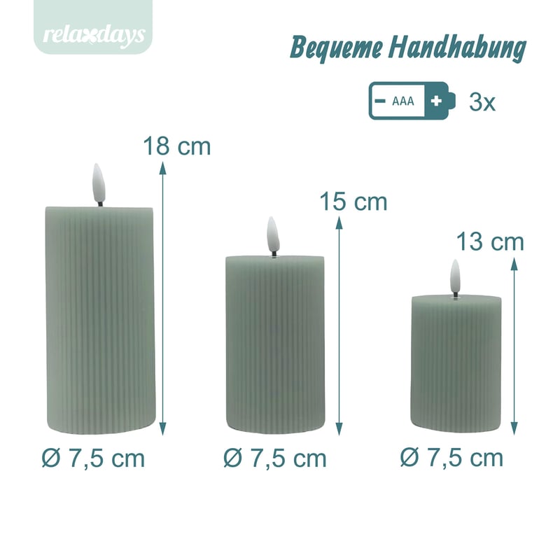 Lumânări LED Relaxdays, set de 3 bucăți, 3 dimensiuni, flacără pâlpâitoare, ceară reală, striații, lumânare electrică fără flacără, kaki