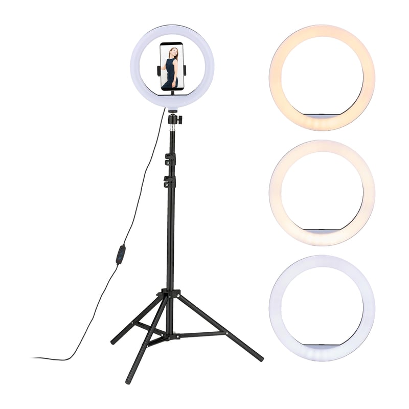 LED prstencové svetlo Relaxdays so stojanom, 10-palcové, stmievateľné, na líčenie, fotografovanie a videá, biele/čierne