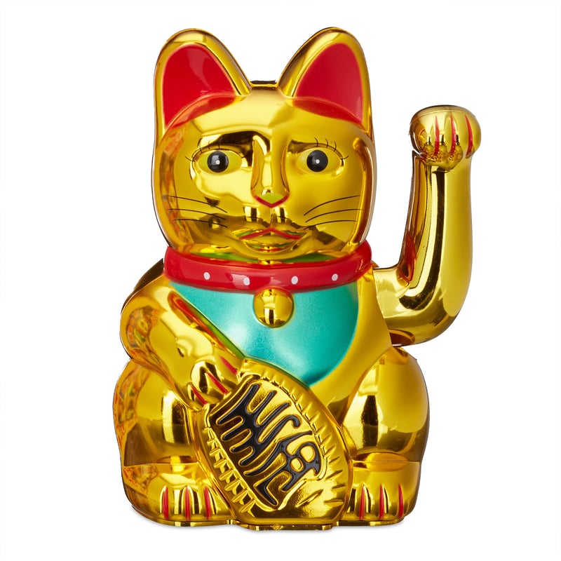 Relaxdays Maneki Neko mávajúca mačka pre šťastie, 16 cm, zlatá farba, feng šuej dekorácia, japonská figúrka pre šťastie