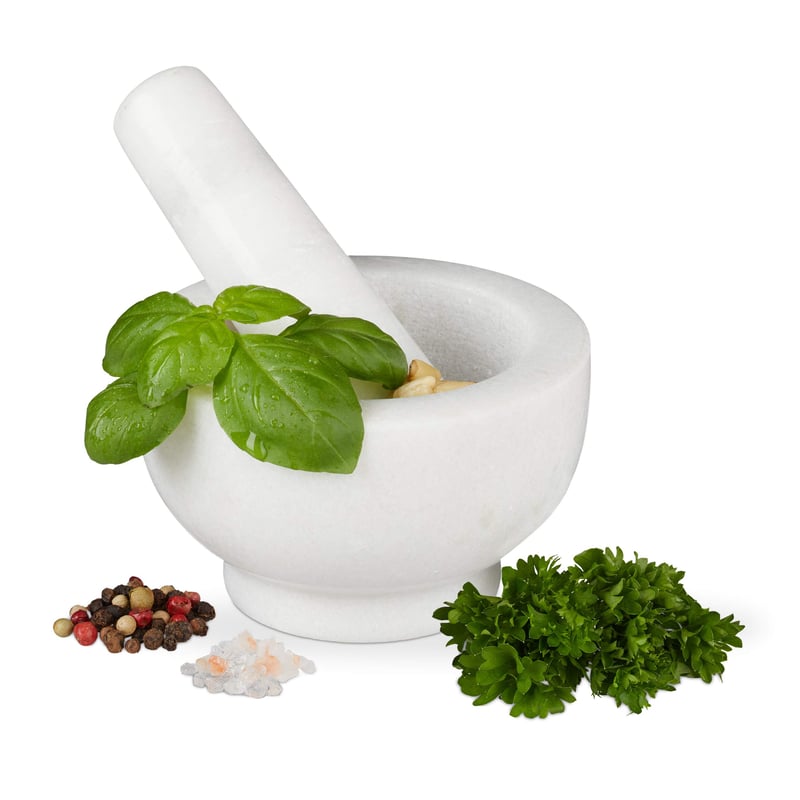Relaxdays mramorový mažiar s tĺčikom, na korenie a bylinky, brúsený kameň, priemer 10 cm, 120 ml, biely
