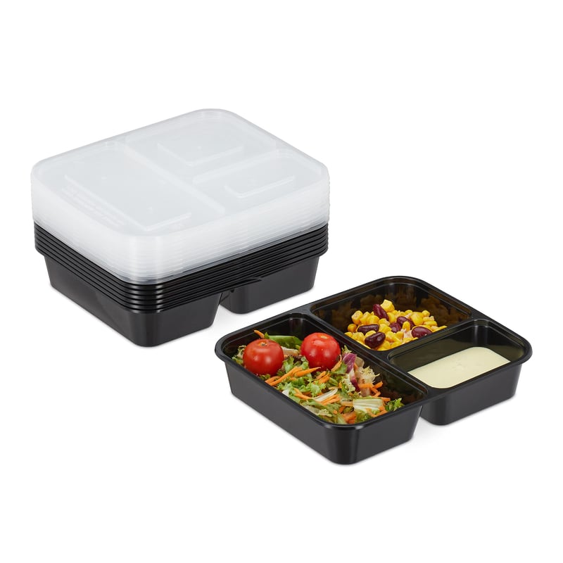 Relaxdays set posuda za pripremu obroka, 10 komada, 3 odjeljka, 1000 ml, prikladno za mikrovalnu pećnicu, posude s poklopcem, crne