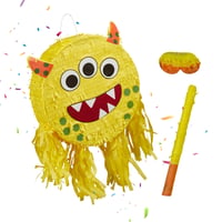 Relaxdays Piñata v tvare príšerky s palicou a maskou, piñata na detskú narodeninovú oslavu, plniteľná, 35 x 34 x 9 cm, žltá 1