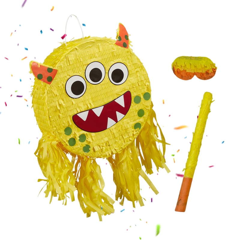 Relaxdays Piñata v tvare príšerky s palicou a maskou, piñata na detskú narodeninovú oslavu, plniteľná, 35 x 34 x 9 cm, žltá