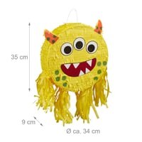 Relaxdays Piñata v tvare príšerky s palicou a maskou, piñata na detskú narodeninovú oslavu, plniteľná, 35 x 34 x 9 cm, žltá 4