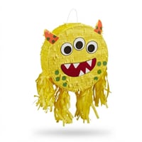 Relaxdays Piñata v tvare príšerky s palicou a maskou, piñata na detskú narodeninovú oslavu, plniteľná, 35 x 34 x 9 cm, žltá 7