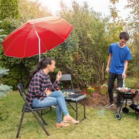Relaxdays slnečník, priemer 180 cm, nastaviteľná výška, sklopný, okrúhly, polyester, oceľ, na balkón a pláž, červený 2