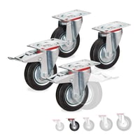 Relaxdays set kotača za teški teret, 4 komada, okretni, s kugličnim ležajevima, 2 kočnice, nosivost 280 kg, kotač 100 mm, crni 1