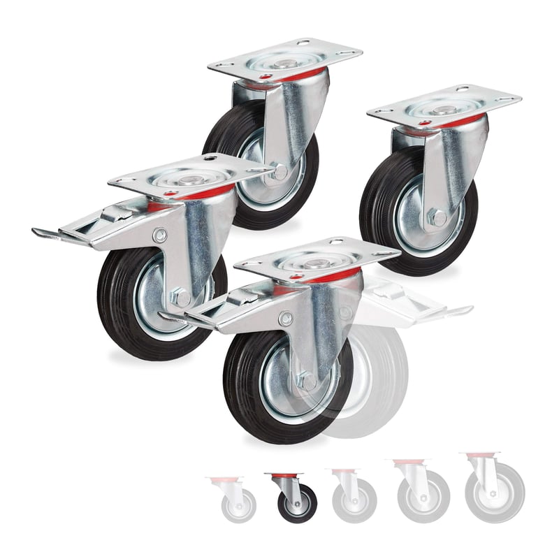 Relaxdays set kotača za teški teret, 4 komada, okretni, s kugličnim ležajevima, 2 kočnice, nosivost 280 kg, kotač 100 mm, crni