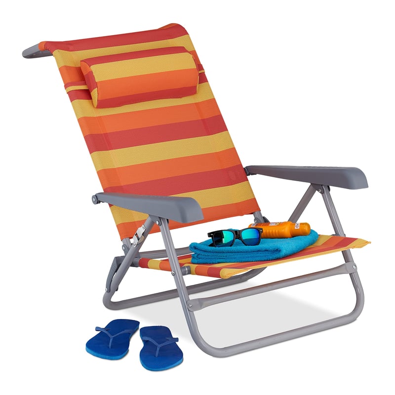 Skladacie nastaviteľné ležadlo Relaxdays s vankúšom pod hlavu, lakťovými opierkami a otváračom na fľaše, žlté/červené/oranžové, 1 ks
