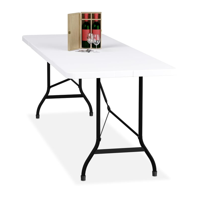 Masă de grădină pliabilă Relaxdays, 75x220x68 cm, albă, plastic și oțel — urme de uzură, pete și o mică îndoitură (stare: vezi a 2-a imagine)