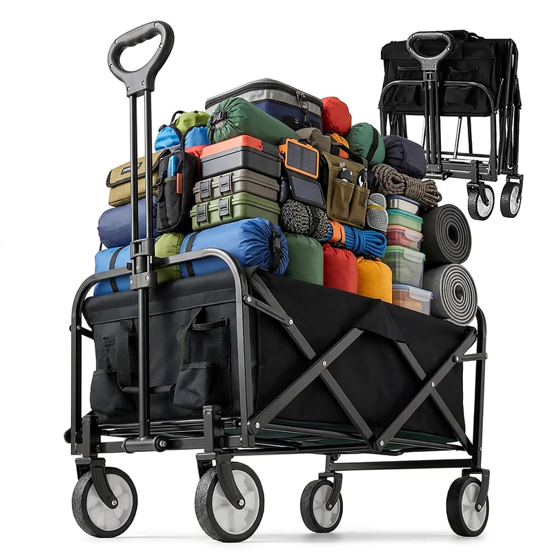 Cărucior pliabil Relaxdays cu capacitate de încărcare de 100 kg, mâner telescopic, material Oxford, pentru cumpărături, camping, plajă, negru