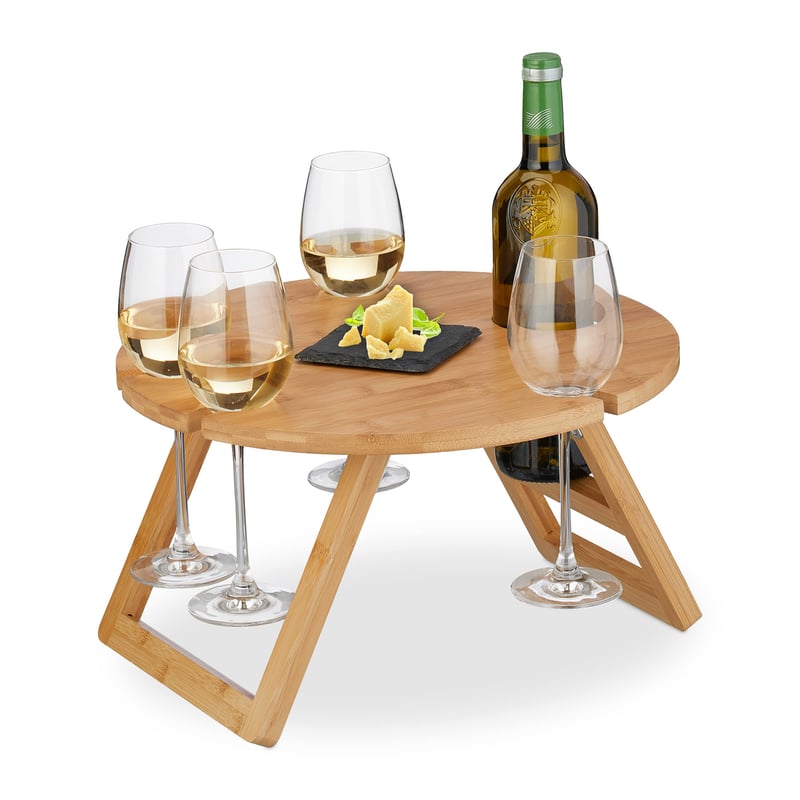 Măsuță pliabilă pentru vin Relaxdays, 22x39 cm, suport pentru 4 pahare și 1 sticlă, tavă din bambus, natur
