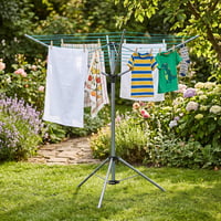 Uscător de rufe pliabil Relaxdays, tip umbrelă, 15 m lungime de uscare, pentru grădină și camping, cu suport, pentru balcon, 140 cm, argintiu 2