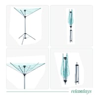 Uscător de rufe pliabil Relaxdays, tip umbrelă, 15 m lungime de uscare, pentru grădină și camping, cu suport, pentru balcon, 140 cm, argintiu 7
