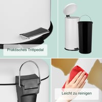 Coș de gunoi cu pedală Relaxdays, 30 litri, cu capac cu închidere lentă (Soft-Close), mâner, coș de bucătărie rotund, metal alb 6