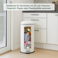 Coș de gunoi cu pedală Relaxdays, 30 litri, cu capac cu închidere lentă (Soft-Close), mâner, coș de bucătărie rotund, metal alb 5