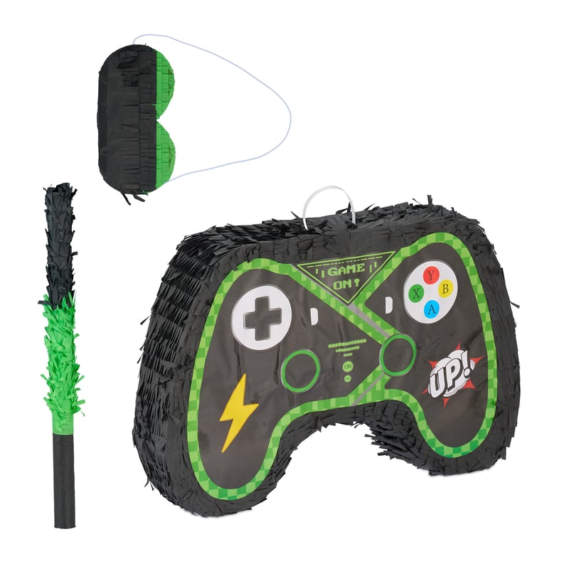 Set piñata Relaxdays, 3 piese, formă de controller, suspendabil, pentru copii, fete și băieți, cu băț și mască, neîmplut, colorat