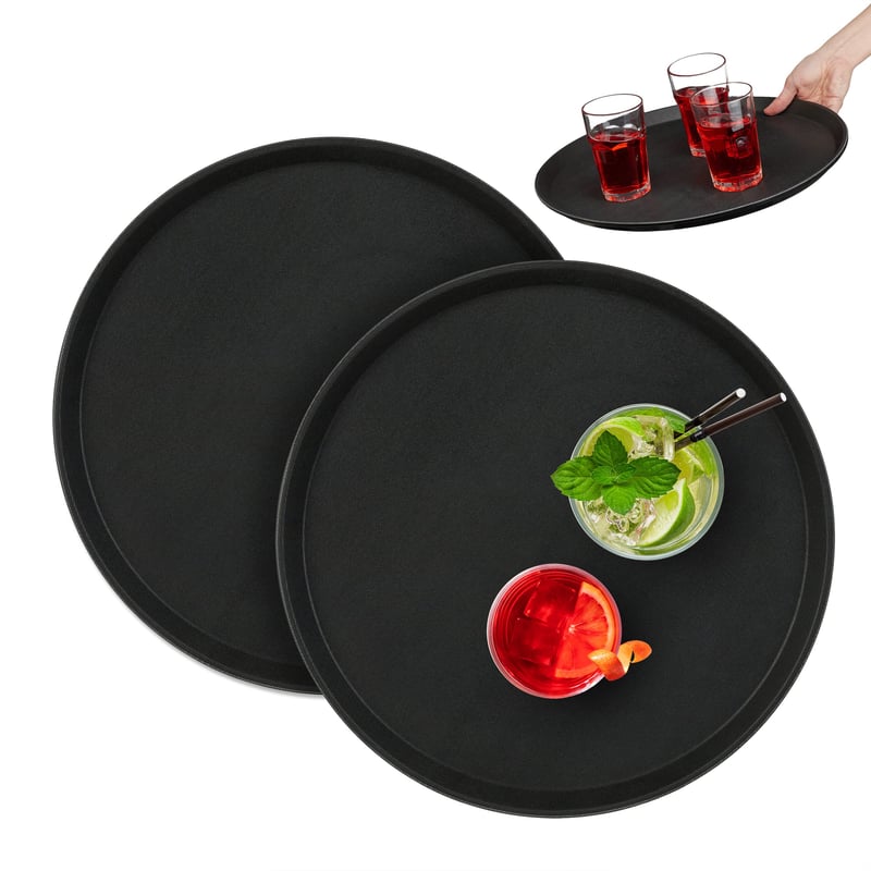 Set 2 tăvi de servire Relaxdays, rotund Ø 40 cm, suprafață antiderapantă, tavă de bar pentru HORECA, negru