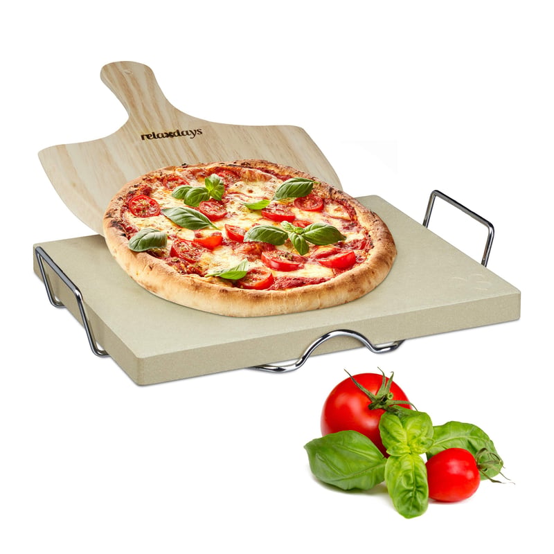 Relaxdays set za pizzu 38x30x3 cm, s metalnim postoljem i drvenom lopaticom za pizzu, pravokutni kamen za pečenje kruha, pizze i flambiranih pita (Flammkuchen), prirodni materijal