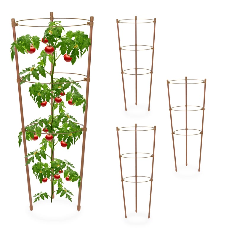 Set 4 Suporturi pentru Plante Relaxdays, Metal și Plastic, Înălțime 45 cm, 3 Inele Reglabile, pentru Plante Cățărătoare, Maro