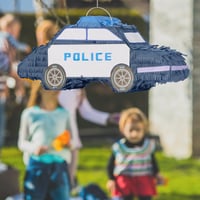 Detská policajná piñata Relaxdays s palicou a maskou, na narodeninovú oslavu, plniteľná, 22 x 50 x 16 cm, modrá 2
