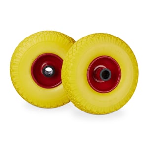 Relaxdays set kotača za kolica, otporni na probijanje, 3.00-4, guma od pune gume, osovina 25 mm, 100 kg, 260x85 mm, čelični naplatak, 2 komada, žuto-crveni