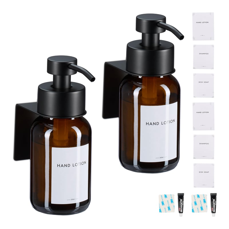 Relaxdays dozator za sapun, 2 komada, 250 ml, smeđe staklo, nehrđajući čelik, zidni, samoljepljivi, bez bušenja, smeđa/crna