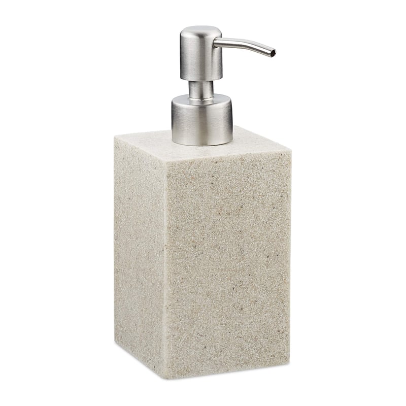 Dávkovač mydla Relaxdays 300 ml, plniteľný, do kúpeľne a kuchyne, držiak na tekuté mydlo, hranatý, polyresin, pumpa z nehrdzavejúcej ocele, piesková farba